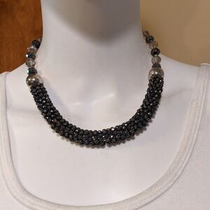Black, silver & crystal faceted sparkly beaded statement necklace